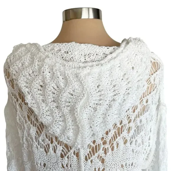 POL White Open Weave Crochet Hooded Sweater Sz LG Beachy Breezy Vacation Cruise - Picture 4 of 12